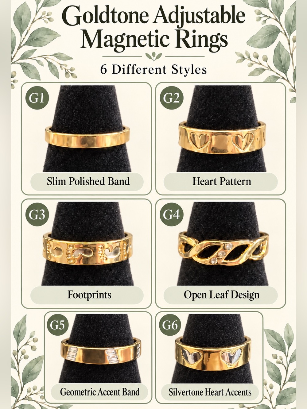 Goldtone Adjustable Magnetic Rings - 6 Styles